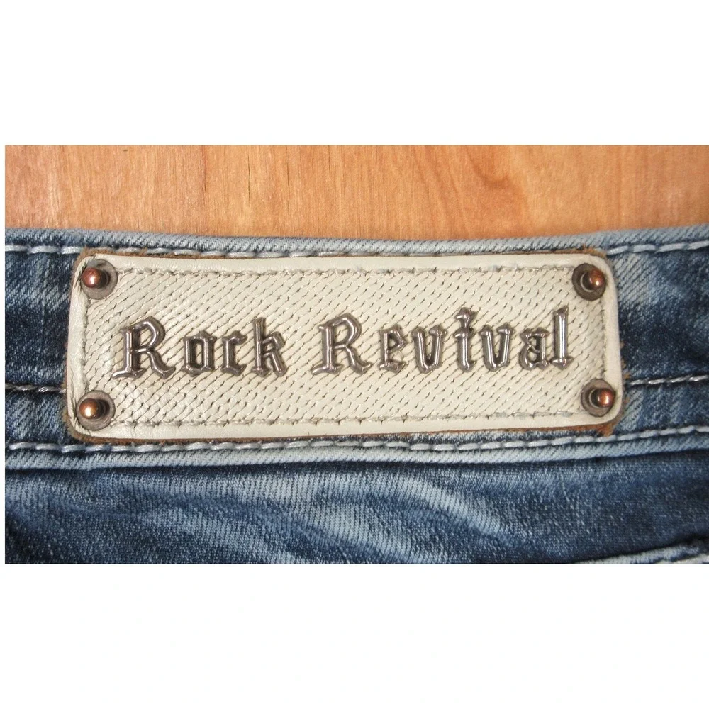 ROCK REVIVAL‎ Nancy Bootcut Jeans Womens 30 Blue Denim Fleur-de-lis Rhinestone